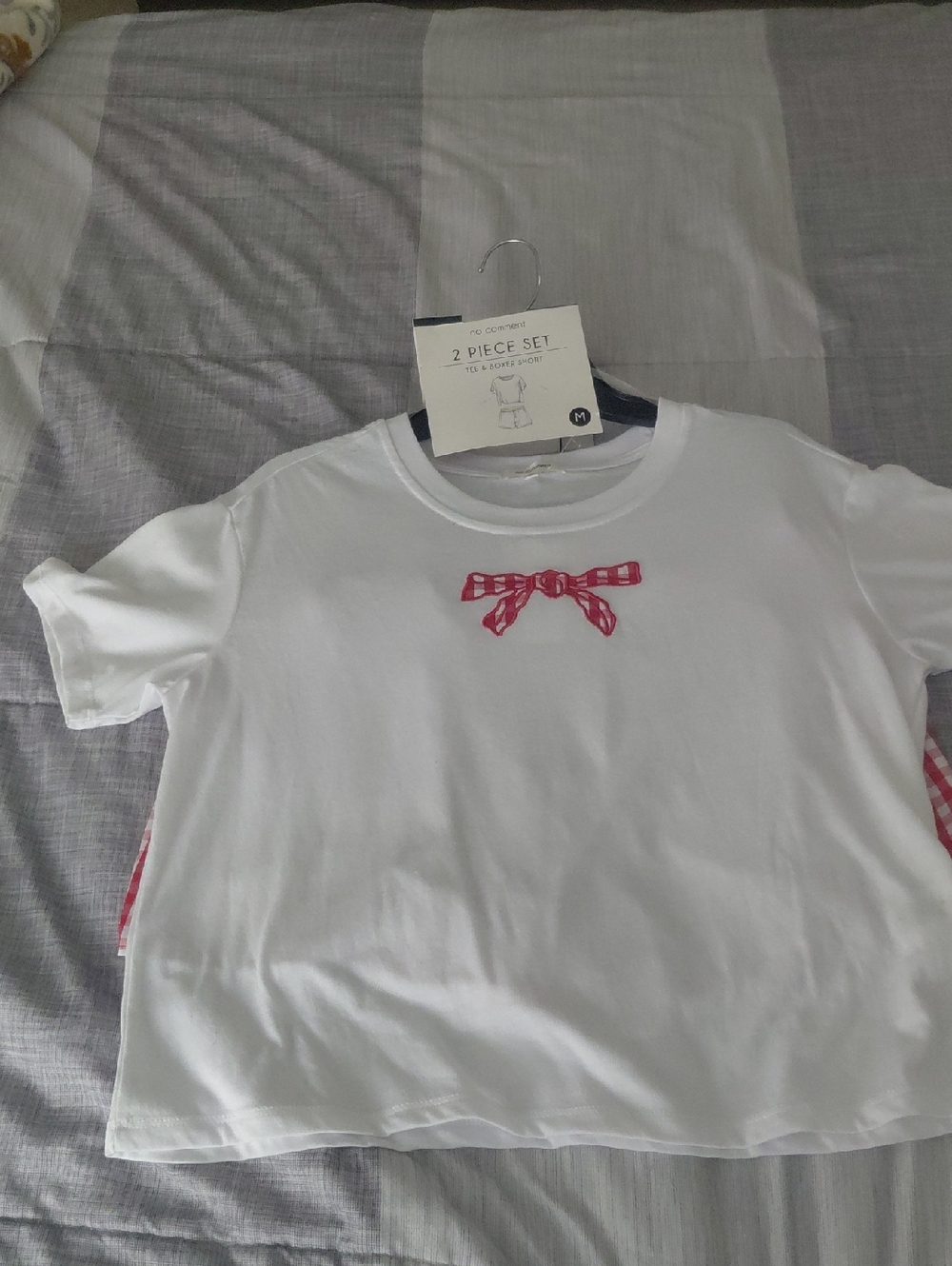 White Short-Sleeve Pajama Top with Red  Bow Accent